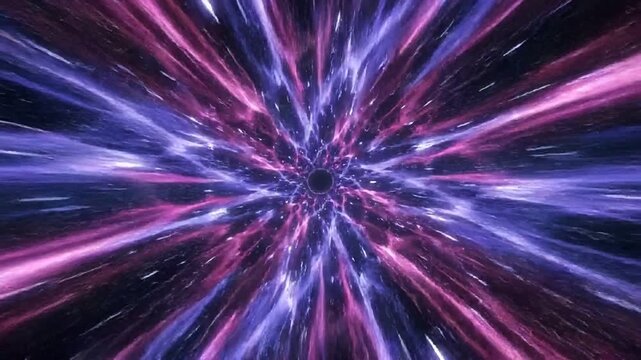 Cosmic wormhole traveling through hyperspace with purple and blue energy streaks, fast motion CGI.