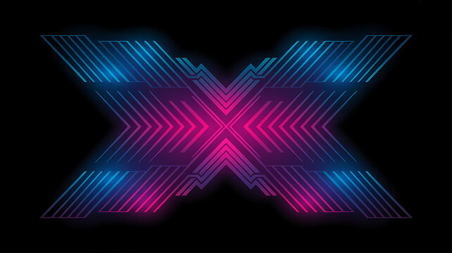 A dark background, featuring a glowing, neon pink and, blue abstract geometric, x shape made, of parallel circuit lines.