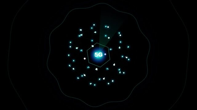 5 g network connectivity hud interface with rotating data nodes and digital signal scan animation