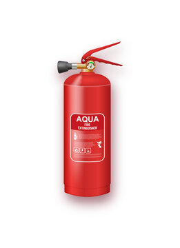 Realistic Fire Extinguisher Isolated for Safety and Emergency Design. Fire safety equipment illustration featuring red extinguisher with flame symbols.
