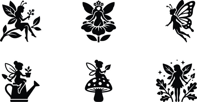 Fairy silhouette vector icons, magical garden sprites set of 6, black mythical creature illustrations for fantasy design