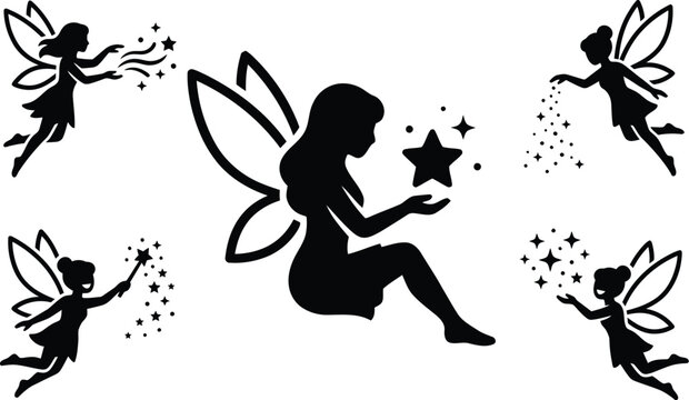 Magical fairy silhouette set, 5 flying pixie vector icons with stars and dust, whimsical garden sprites for fantasy design