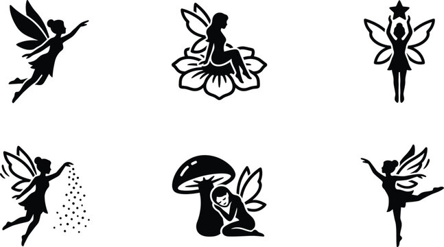 Fairy silhouette vector set, magical forest pixie icons. 6 mythical creature illustrations for fantasy design, black garden sprite graphics.