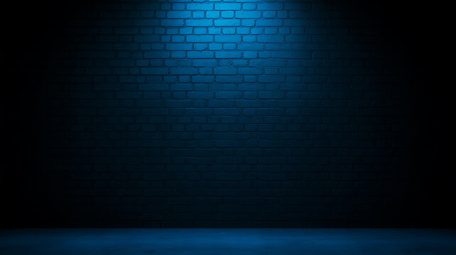A dark, textured brick wall illuminated by a single, focused blue spotlight creating a dramatic gradient of shadows.