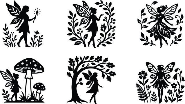 Enchanted fairy silhouette collection, 6 mystical garden sprites with wings. Floral forest fairy vector set, black whimsical mythical creatures.