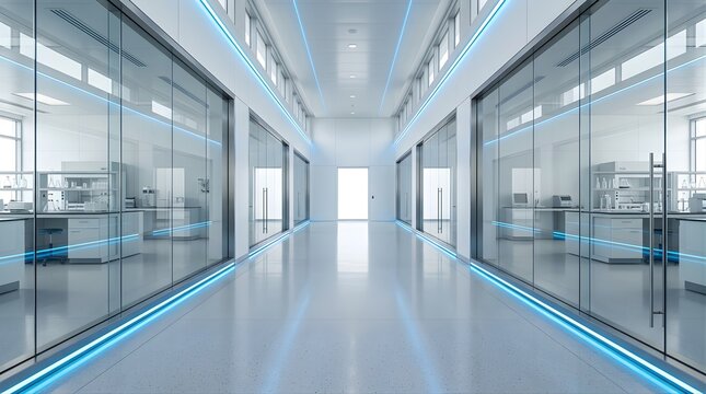 Modern empty laboratory corridor with glass walls and blue neon lights
