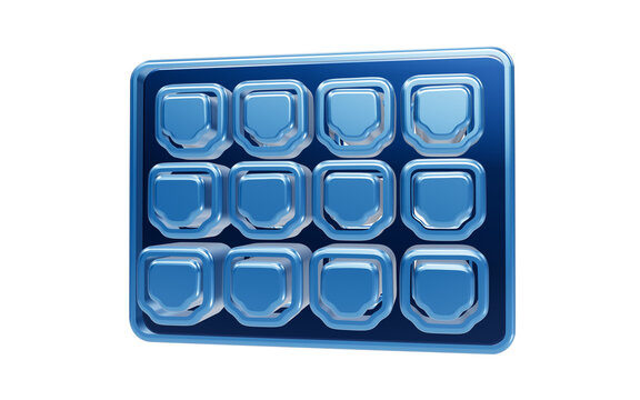 Blank Shield Icons Grid: A digital grid of twelve empty, metallic blue shield icons, each with a distinct geometric shape, arranged in a 3x4 layout on a plain background.