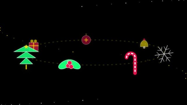 Animated christmas icons orbiting in minimalist flat style on black background