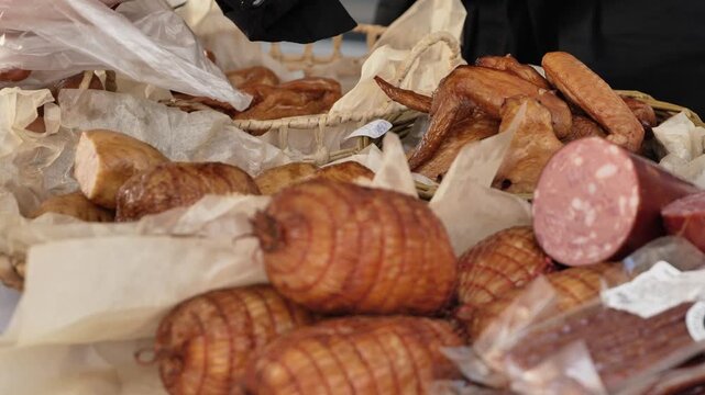 Assortment of smoked meat products, sausages, and chicken wings at a market stall