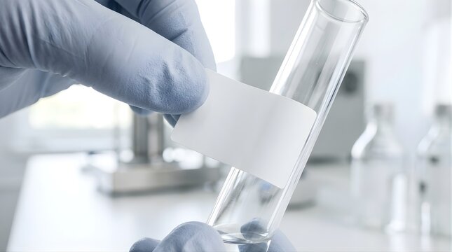 Scientist holding a glass test tube with blank white label in laboratory