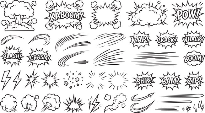 Comic action elements set with explosive bursts, speech bubbles, sound effects, and speed lines. Black and white outline vector illustration for graphic design