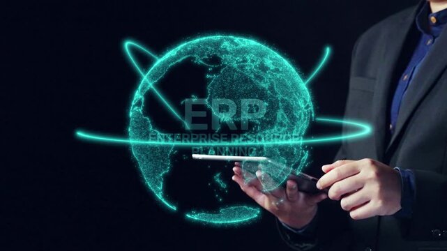 ERP platform visual showing centralized system for enterprise resource planning, improving integration, data flow, business efficiency, finance, inventory, and human resources. Elide