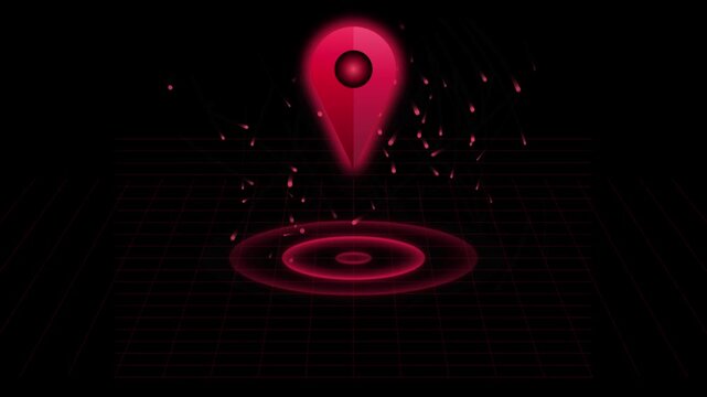 Red digital map pin icon with pulsing radar grid animation for navigation and location tech