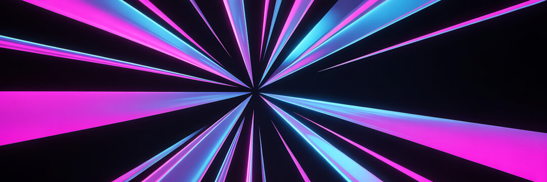 Abstract background, with glowing pink, and blue light, rays radiating from, a central point, on a dark, black surface area.