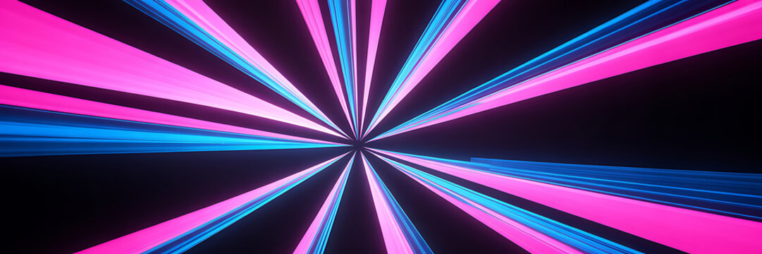 Abstract background, with glowing pink, and blue light, rays radiating from, a central point, on a dark, black surface area.
