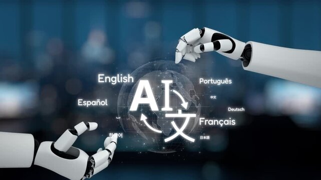 This image illustrates a concept of AI-driven language translation featuring robotic hands, with a world map and various languages, symbolizing technological advancement and diversity. Synapse