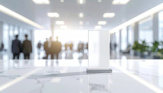 Vertical blank acrylic display sign mockup standing on white marble desk inside a bright modern corporate lobby