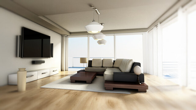Modern 4K smart TV room with large windows and parquet floor. 3D illustration