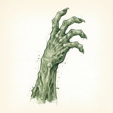 A gnarled, green, zombie hand with claw-like fingers emerges from the shadows, its decaying skin and outstretched digits conveying a sense of dread and horror.