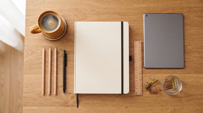 Blank notebook surrounded by coffee and office supplies on a wooden desk top view with various metal paper clips container alongside mug coffee ruler tablet various empty notebook sits arrangement