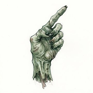 A gnarled, undead hand, appearing as if risen from the grave, extends a single, decaying finger in a gesture of macabre direction.