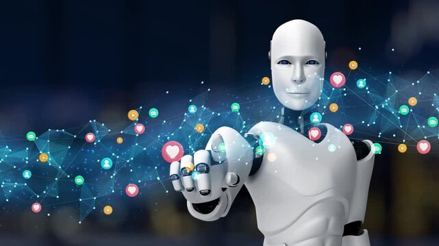 A futuristic humanoid robot reaches out, blending technology and social media, illustrating the evolving nature of communication in a digital world. Synapse
