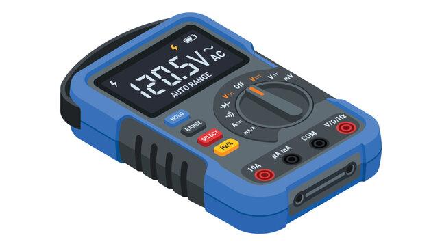 Digital multimeter device displayed in an isometric view on a clean white background for testing with voltage readings positioned multimeter black screen