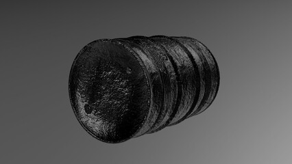 Dark oil barrel rests horizontally on gray background. Rusty metal surface shows wear and texture. Rounded ends and curved sides define its form. Ideal for oil industry or environmental themes © Антон Скрипачев