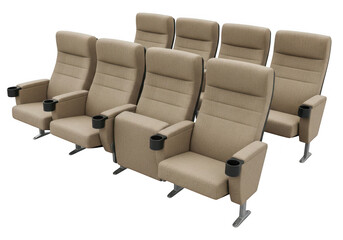 Fototapeta premium Rows of beige theater seats with cup holders are displayed on transparent background
