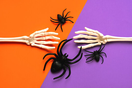 Top view of skeleton hand bones with Halloween spiders. Halloween concept background