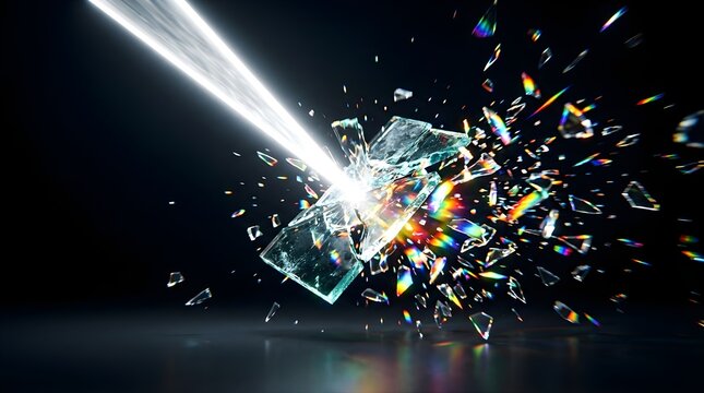 Bright laser beam shattering a glass sheet with rainbow refraction effects