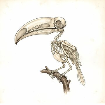 A detailed illustration of a bird skeleton, showcasing its delicate bone structure and prominent beak, perched on a rustic branch.