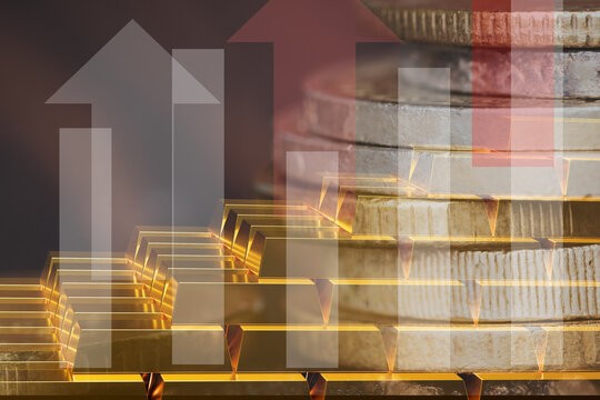 Stacked gold coins glow warmly. Transparent upward arrow points to growth. Golden stair structures rise behind the stacks. Warm lighting emphasizes financial success. Investment opportunity