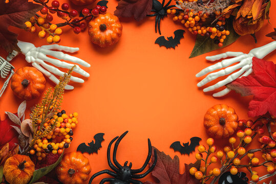 Top view of Halloween frame with Halloween party decoration and and copy space for text. Halloween concept background