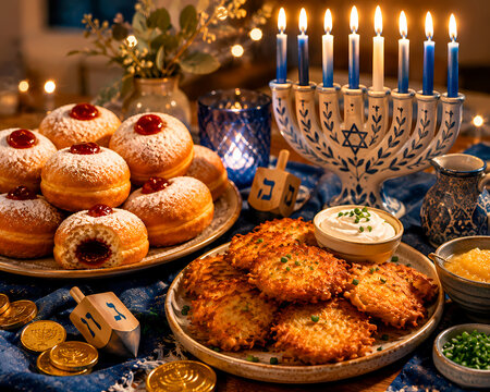 Traditional Hanukkah Food Table with Menorah, Latkes, Sufganiyot and Dreidels
