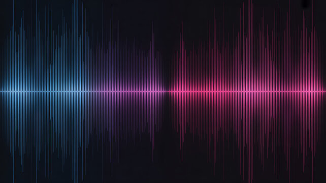 Digital audio waveform visualization with blue and pink glowing vertical lines on a dark black background texture.