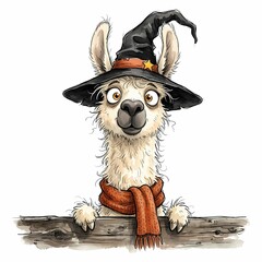 Obraz premium A whimsical llama dressed as a witch, complete with a pointed hat and cozy scarf, peeks over a wooden fence, embodying the playful spirit of Halloween.