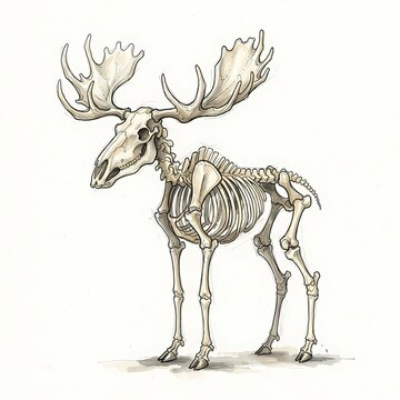 A detailed illustration of a moose skeleton, showcasing its anatomical structure with large antlers and a prominent rib cage, rendered in a classic artistic style.
