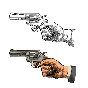 Hand holding revolver for fired. Vector color and monochrome engraving vintage illustrations. Isolated on white background. For tattoo, web, shooting club and poster