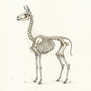 Detailed illustration of a llama skeleton, showcasing the intricate bone structure of the neck, spine, ribs, and limbs, rendered in a realistic artistic style.