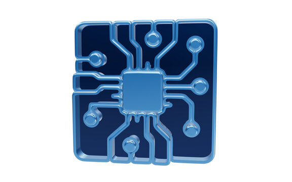 Blue Circuit Board Icon: A high-tech icon representing a blue circuit board with a central processor and radiating connections, symbolizing technology and innovation.