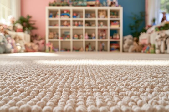 A low-angle shot of a textured carpet in a child's room filled with toys
