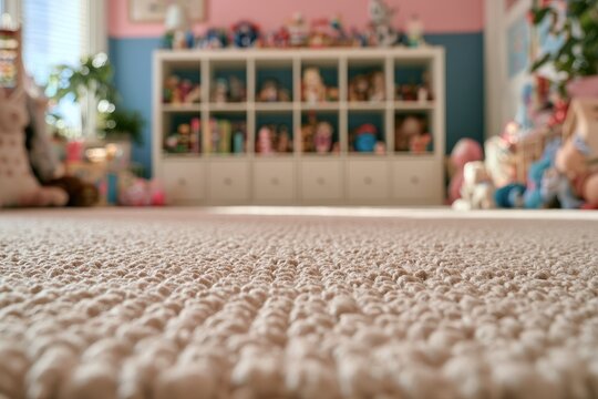 Low-angle view of a textured carpet in a playroom filled with toys and shelves