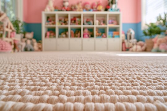 Textured rug in a bright, toy-filled room