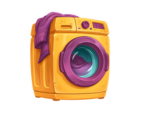 Yellow washing machine with purple accents