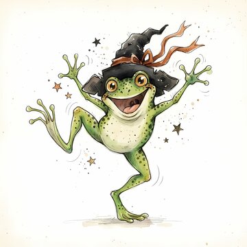 A cheerful, cartoonish frog wearing a witch's hat and a big smile, with arms and legs outstretched, appears to be dancing joyfully amidst twinkling stars.