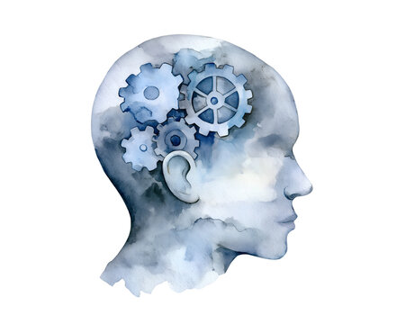 Human brain as mechanical system in artistic watercolor style