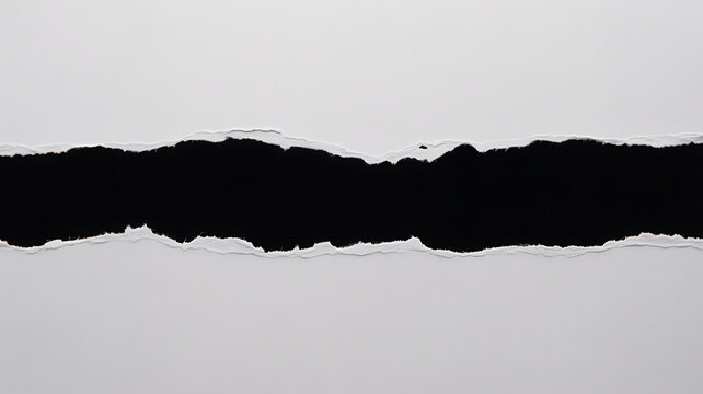 Horizontal strip of torn white paper with rough edges revealing a black background, for creative text placement.