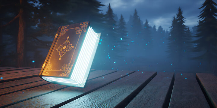 Magical glowing book floating on a wooden bridge in a dark forest with blue sparkles and pine trees at night.