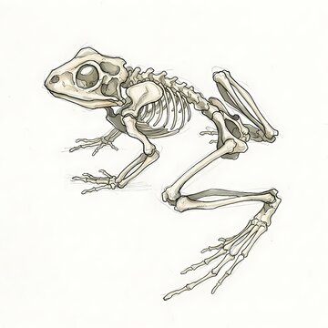 Detailed illustration of a frog skeleton, showcasing its delicate bone structure and anatomy in a scientific and educational depiction.